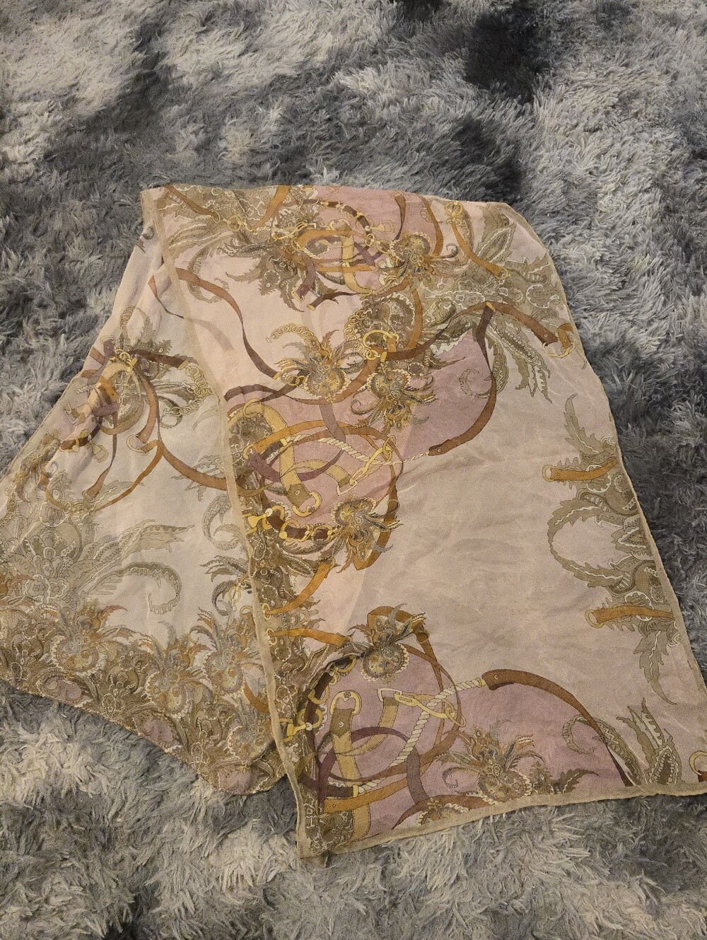 Elizabetta Italy 100% Silk Scarf Equestrian Belt Paisley Chiffon Mauve Pink Gold